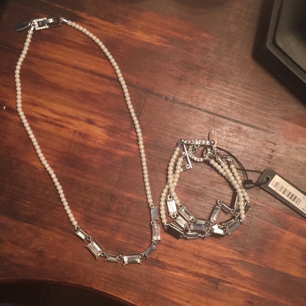 Ann Taylor Pearl and Crystal Necklace and Bracelet